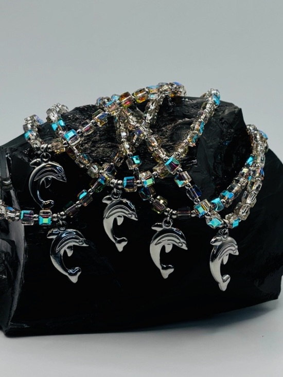 Jewelry - *ANKLET* Silver Dolphin with AB Sunset Crystal Stretchy Anklet